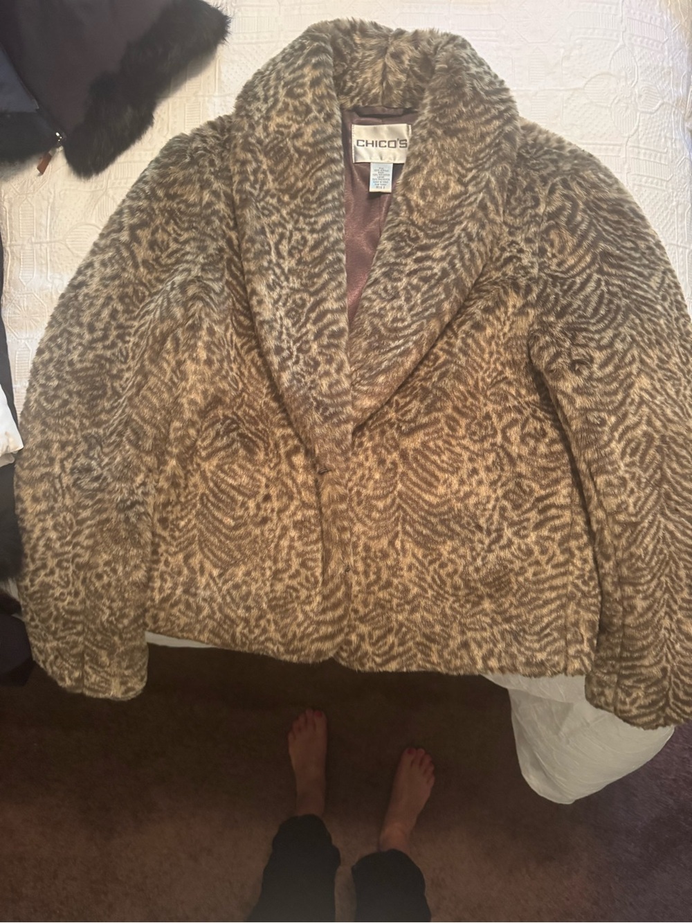 Chico's Taupe & Cream Faux Fur Animal-Print Shawl Collar Jacket